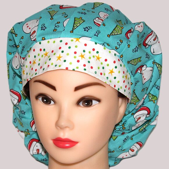 Womens Bouffant Scrub Cap Frost Friends Snowman Christmas Bonnet - Picture 4 of 7